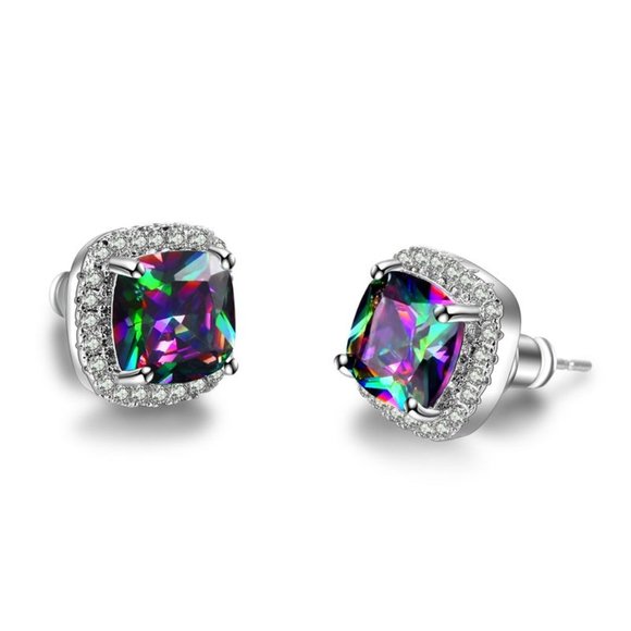 NEW Iridescent Diamond Halo Cushion Stud Earrings - Picture 5 of 7